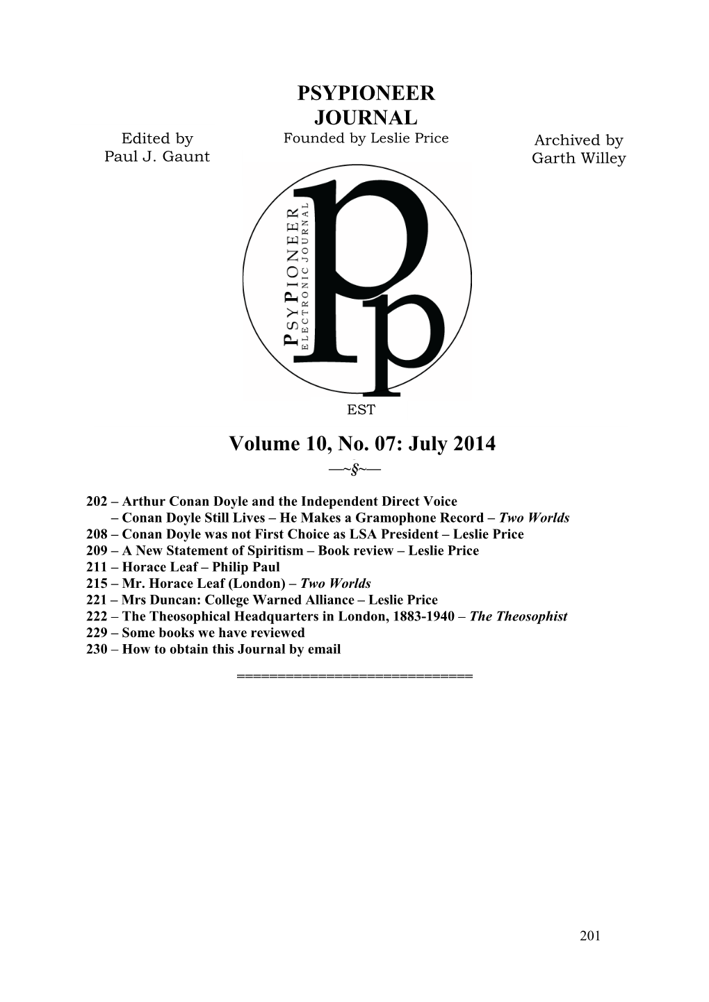 PSYPIONEER JOURNAL Volume 10, No. 07: July 2014