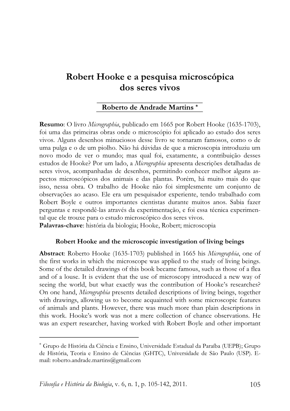 Robert Hooke E a Pesquisa Microscópica Dos Seres Vivos