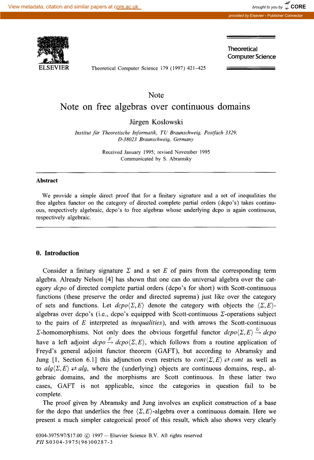 Note on Free Algebras Over Continuous Domains