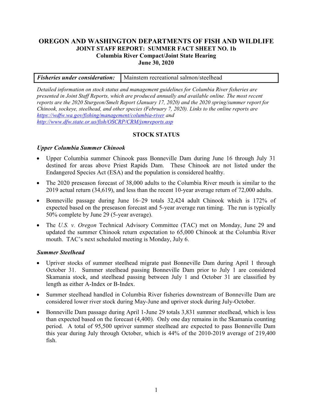 JOINT STAFF REPORT: SUMMER FACT SHEET NO. 1B Columbia River Compact/Joint State Hearing June 30, 2020