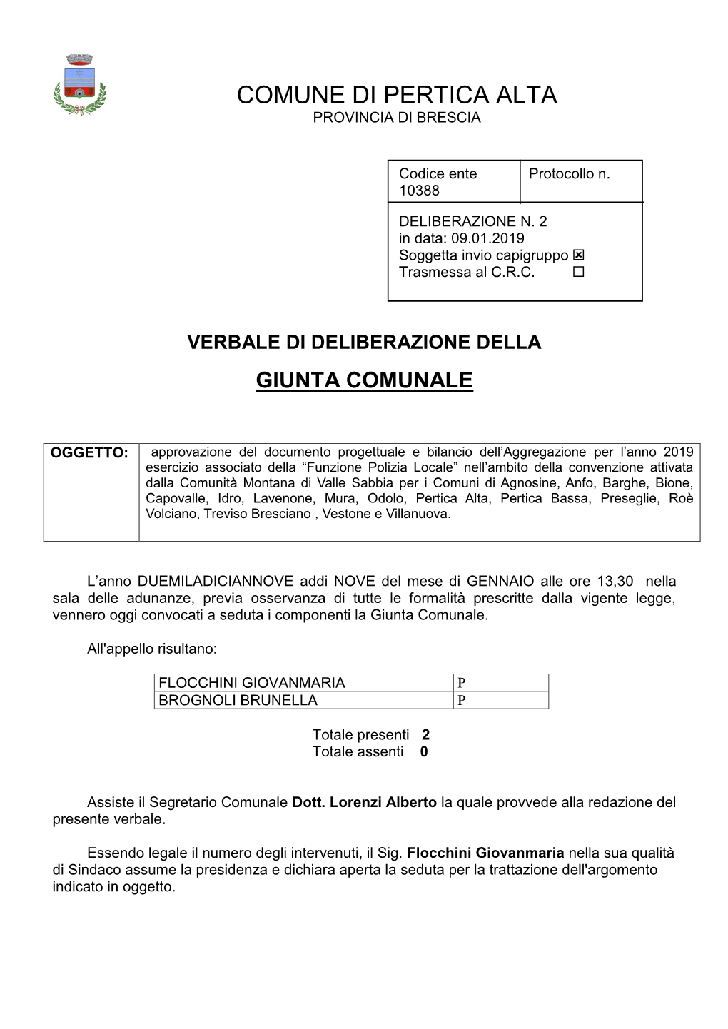 Verbale Di Deliberazione Della Giunta Comunale