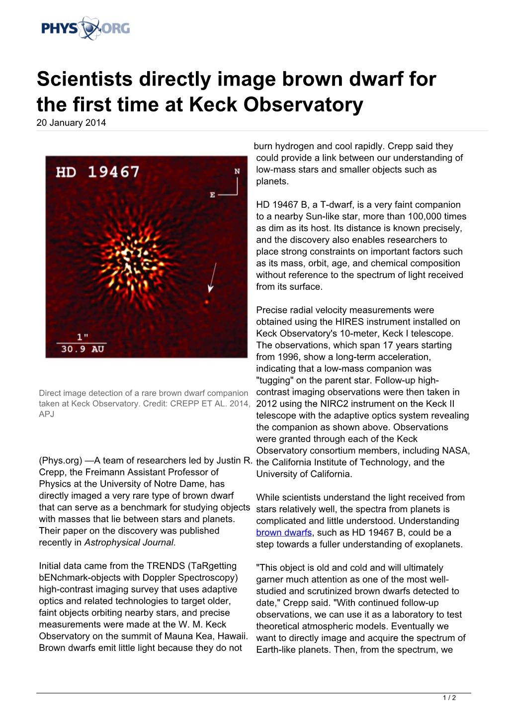 Scientists Directly Image Brown Dwarf for the First Time at Keck Observatory 20 January 2014