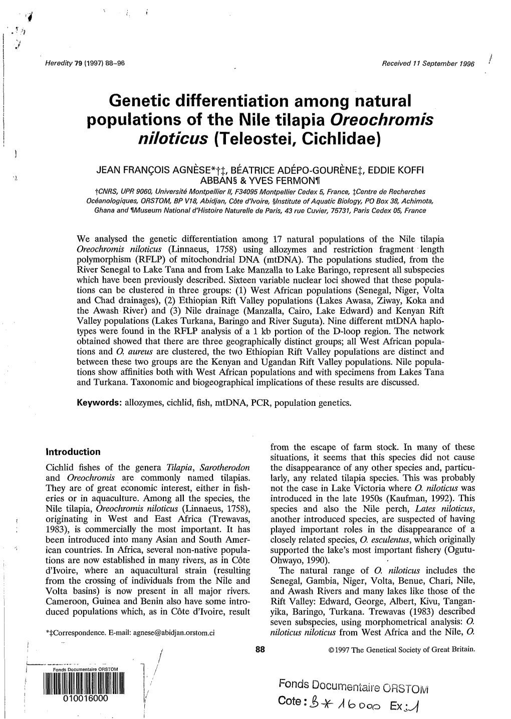 Genetic Differentiation Among Natural Populations of the Nile Tilapia Oreochromis Niloticus