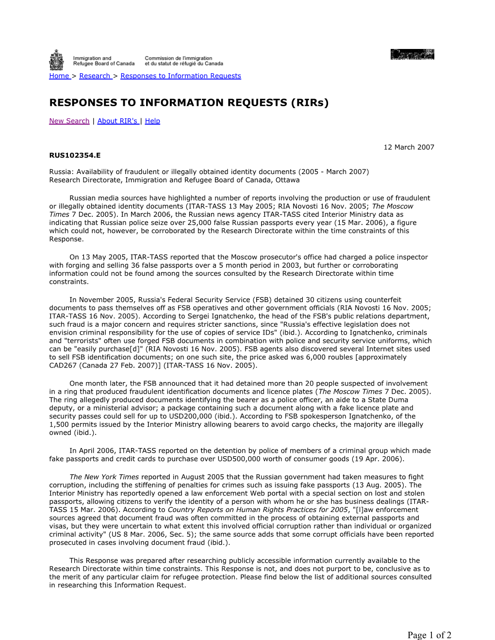 Russia: Availability of Fraudulent Or Illegally Obtained Identity Documents (2005 - March 2007) Research Directorate, Immigration and Refugee Board of Canada, Ottawa