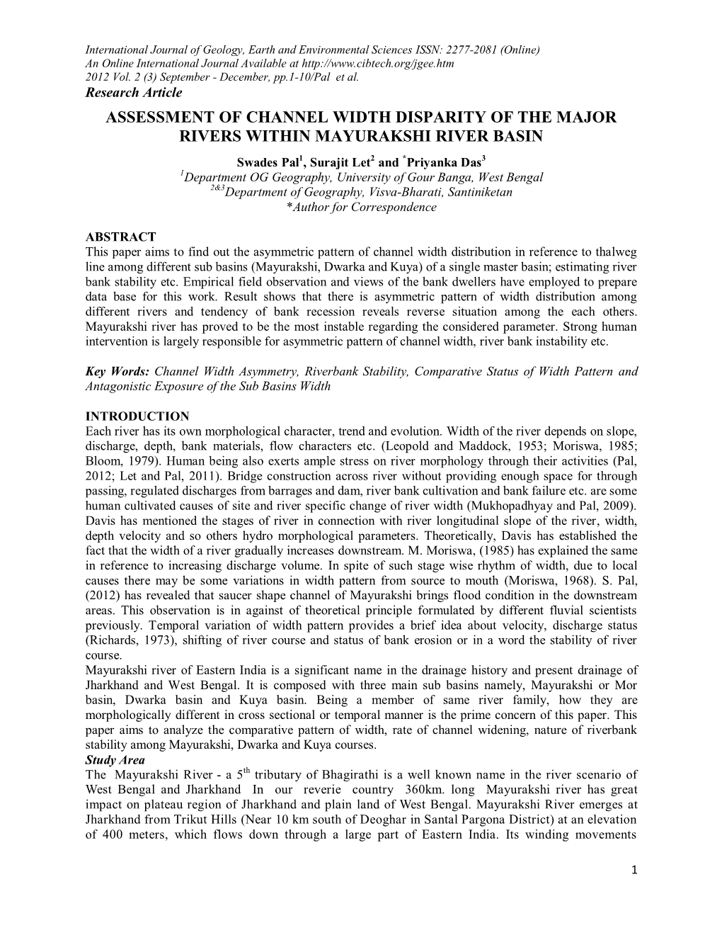 Assessment of Channel Width Disparity of the Major Rivers Within Mayurakshi River Basin