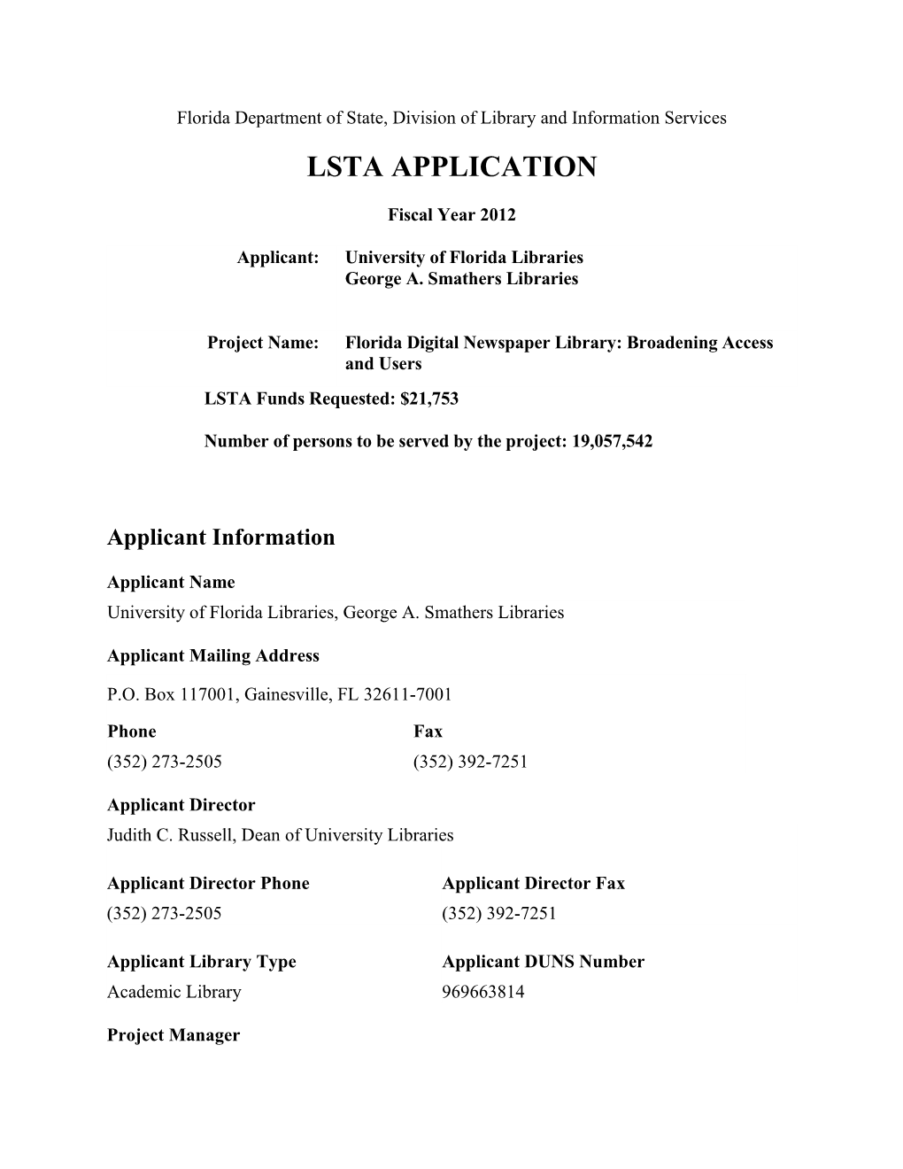 Florida Department of State, Division of Library and Information Services LSTA APPLICATION