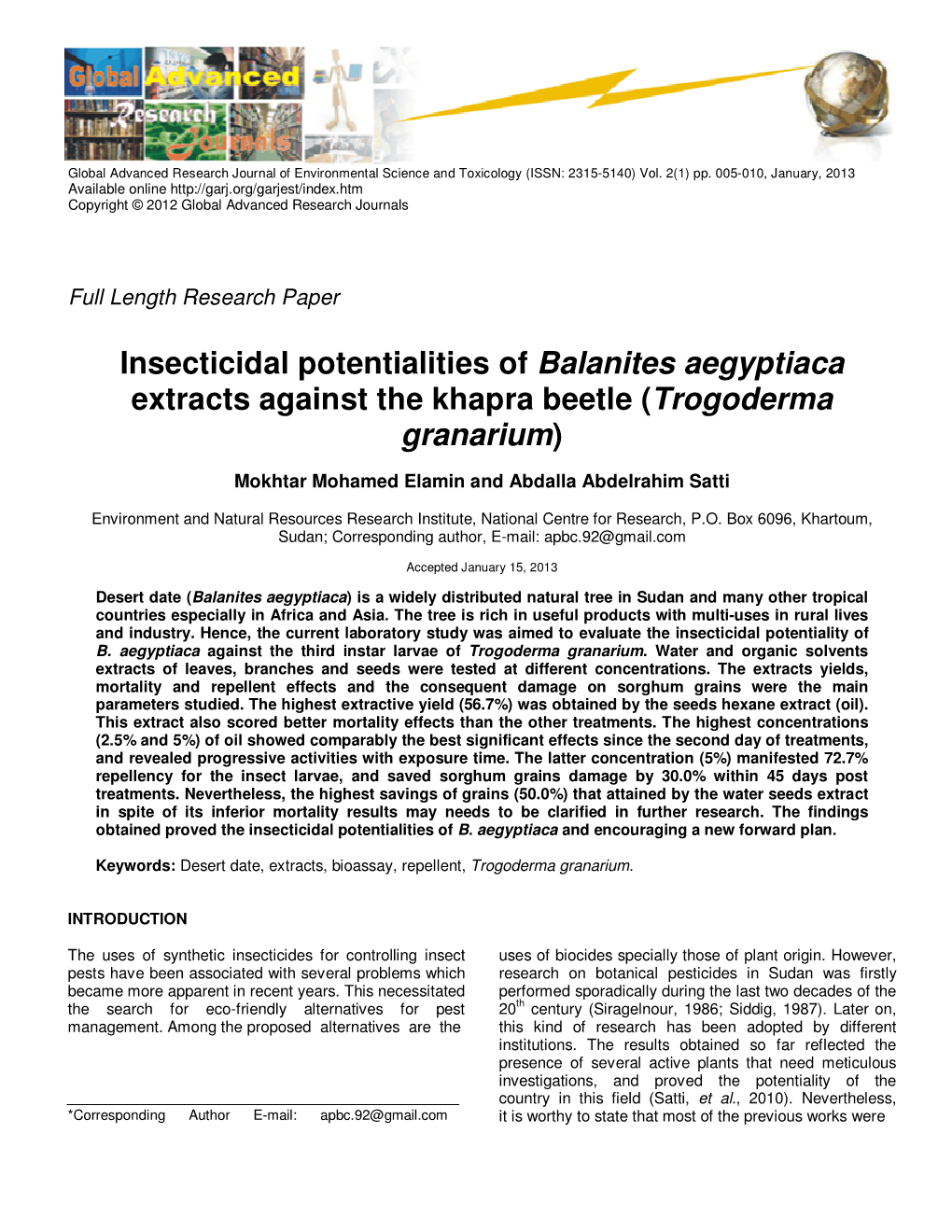 Insecticidal Potentialities of Balanites Aegyptiaca Extracts Against the Khapra Beetle ( Trogoderma Granarium )