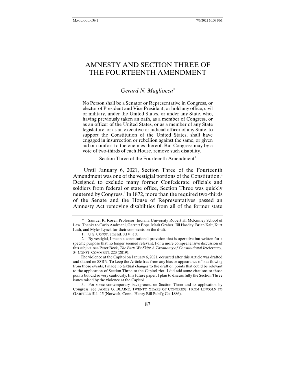 Amnesty and Section Three of the Fourteenth Amendment