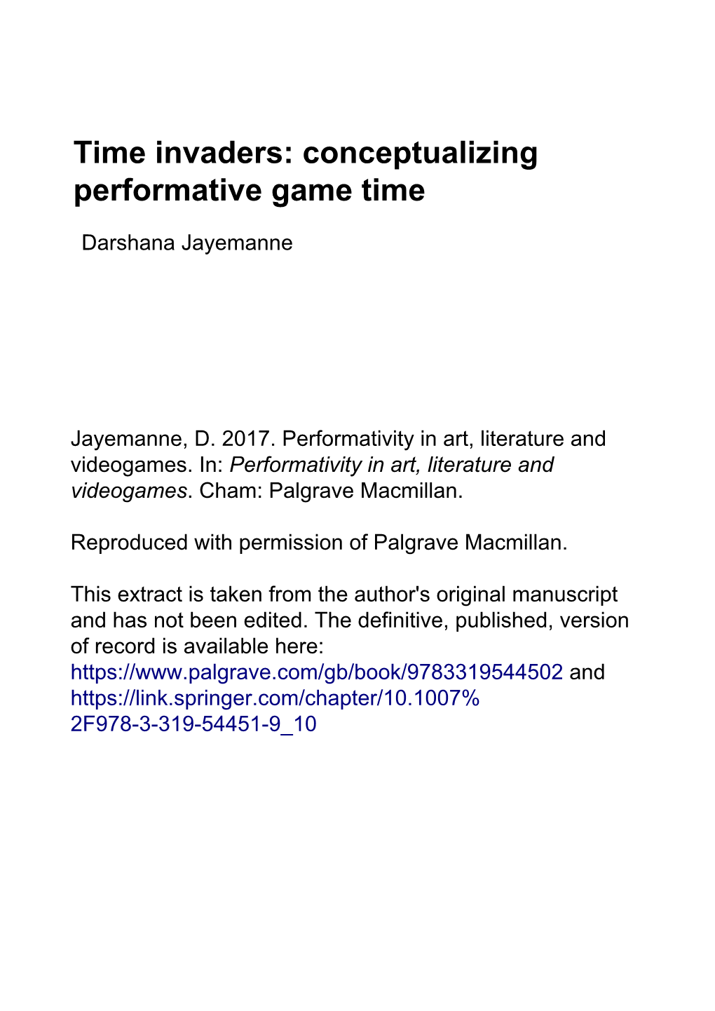 Time Invaders: Conceptualizing Performative Game Time