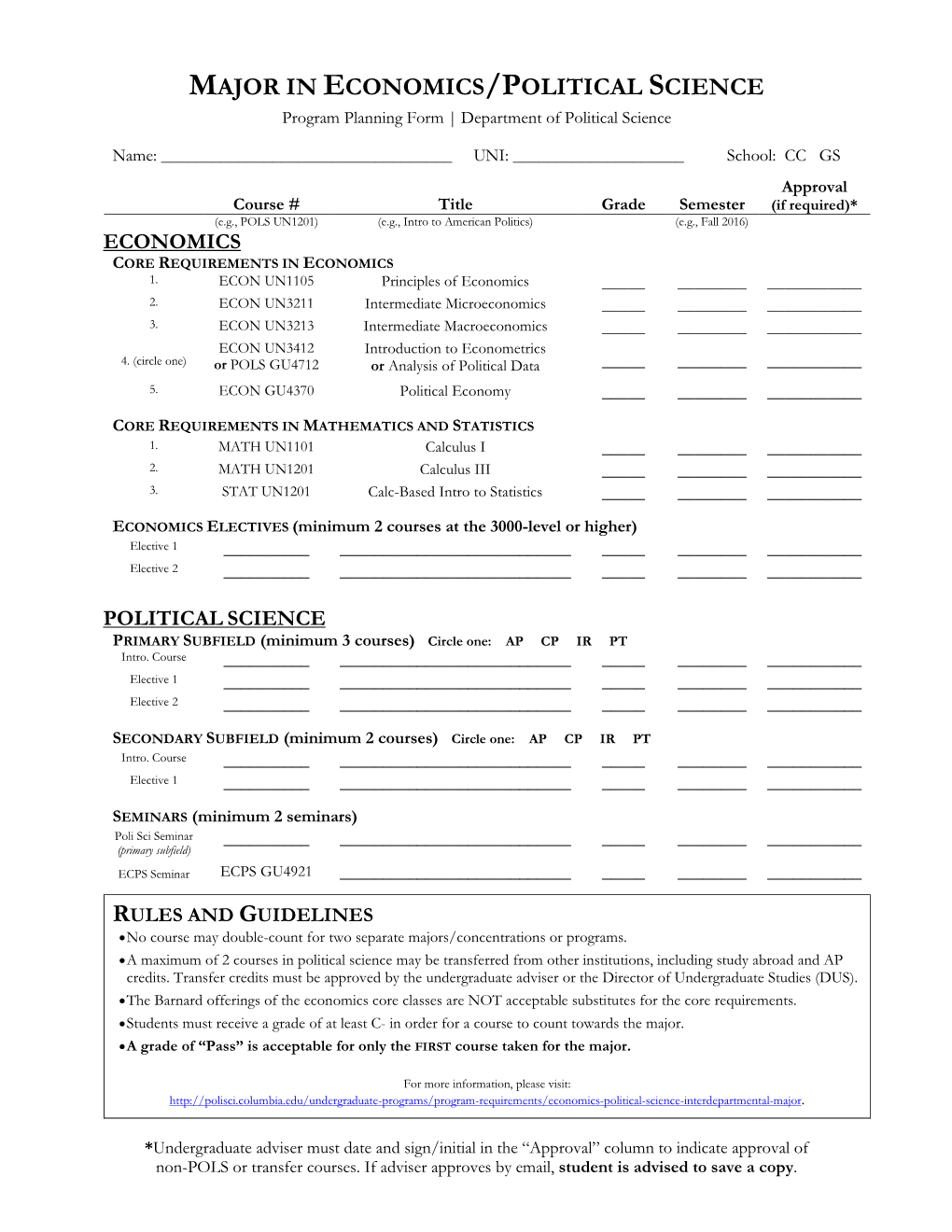 Economics-Political Science Major Planning Form