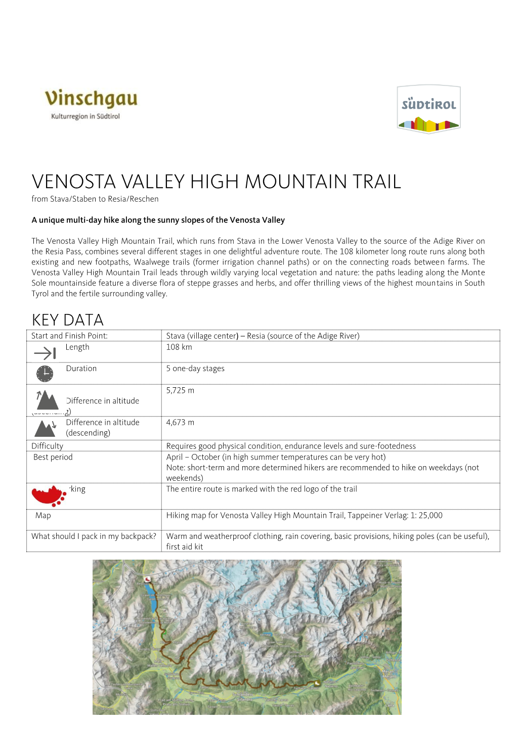 VENOSTA VALLEY HIGH MOUNTAIN TRAIL from Stava/Staben to Resia/Reschen