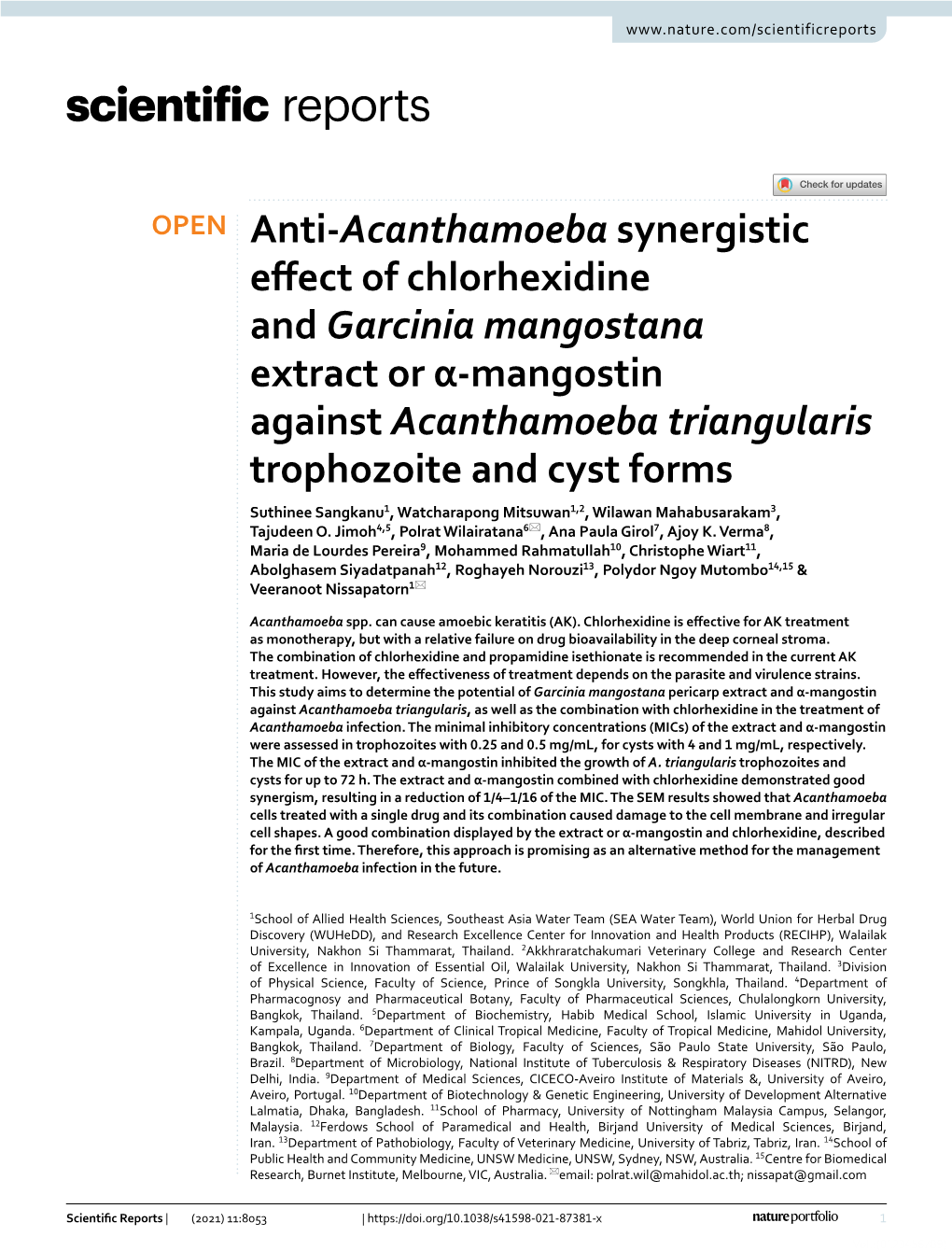 Anti-Acanthamoeba Synergistic Effect of Chlorhexidine and Garcinia