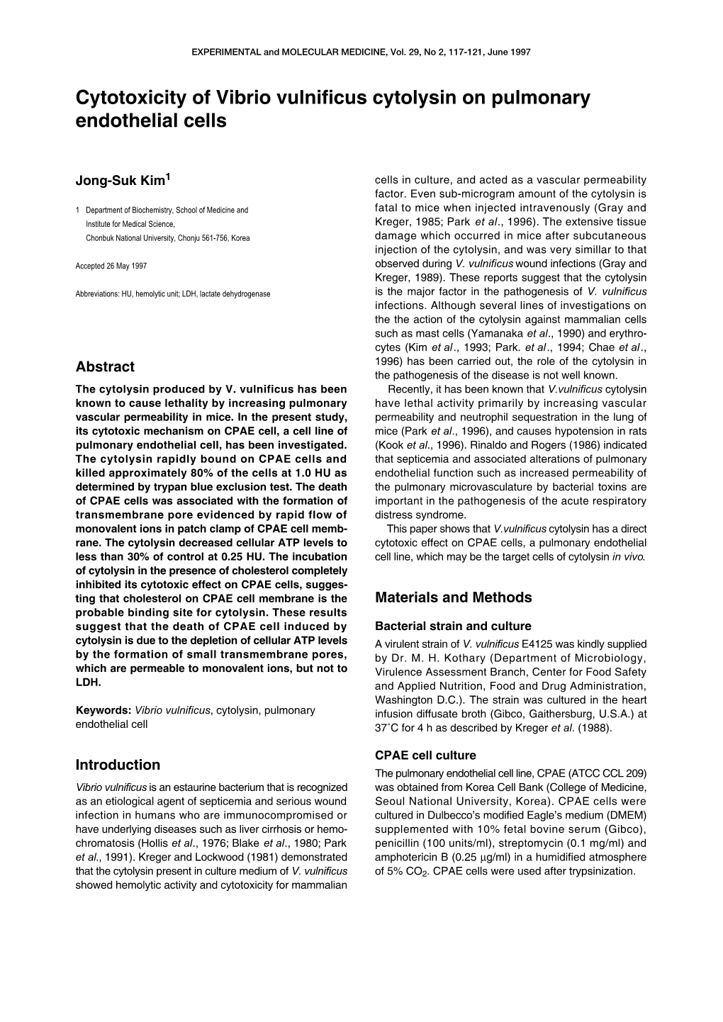 Cytotoxicity of Vibrio Vulnificus Cytolysin on Pulmonary Endothelial Cells