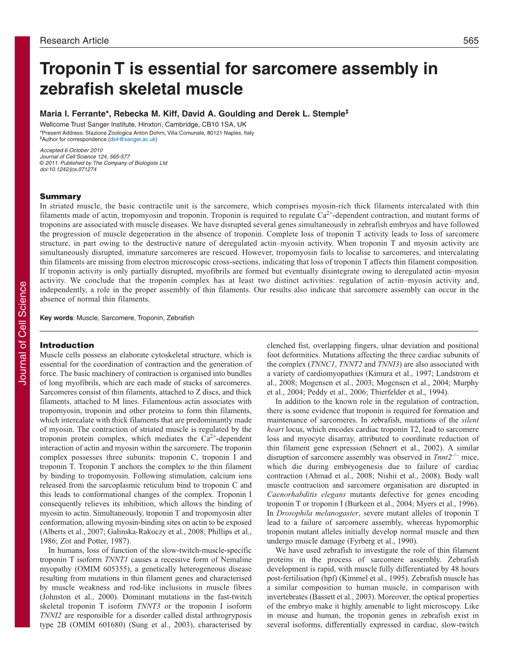 Troponin T Is Essential for Sarcomere Assembly in Zebrafish Skeletal Muscle