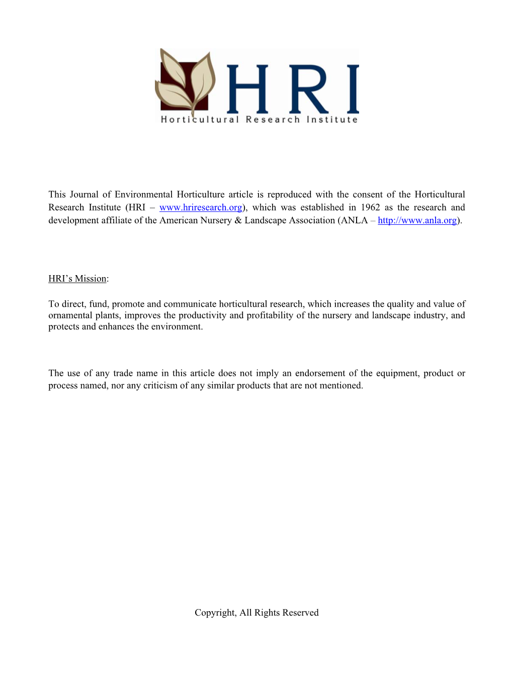 This Journal of Environmental Horticulture Article Is Reproduced with the Consent of the Horticultural Research Institute (HRI