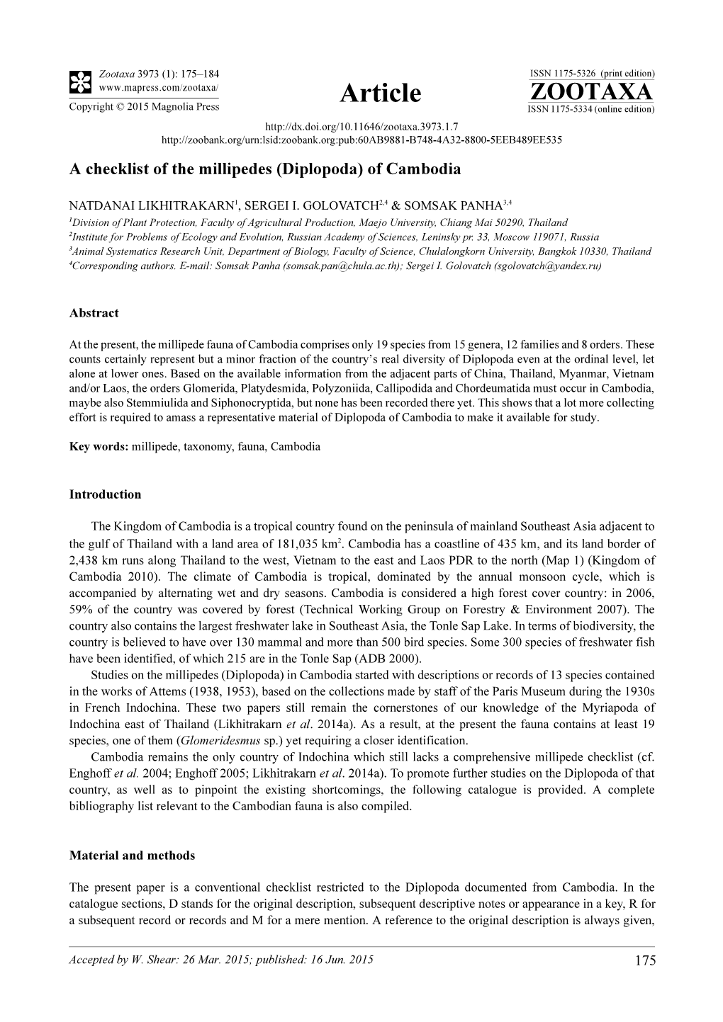 A Checklist of the Millipedes (Diplopoda) of Cambodia