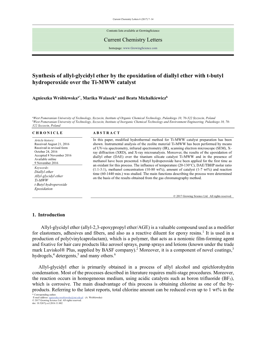 Current Chemistry Letters Synthesis of Allyl-Glycidyl Ether by The