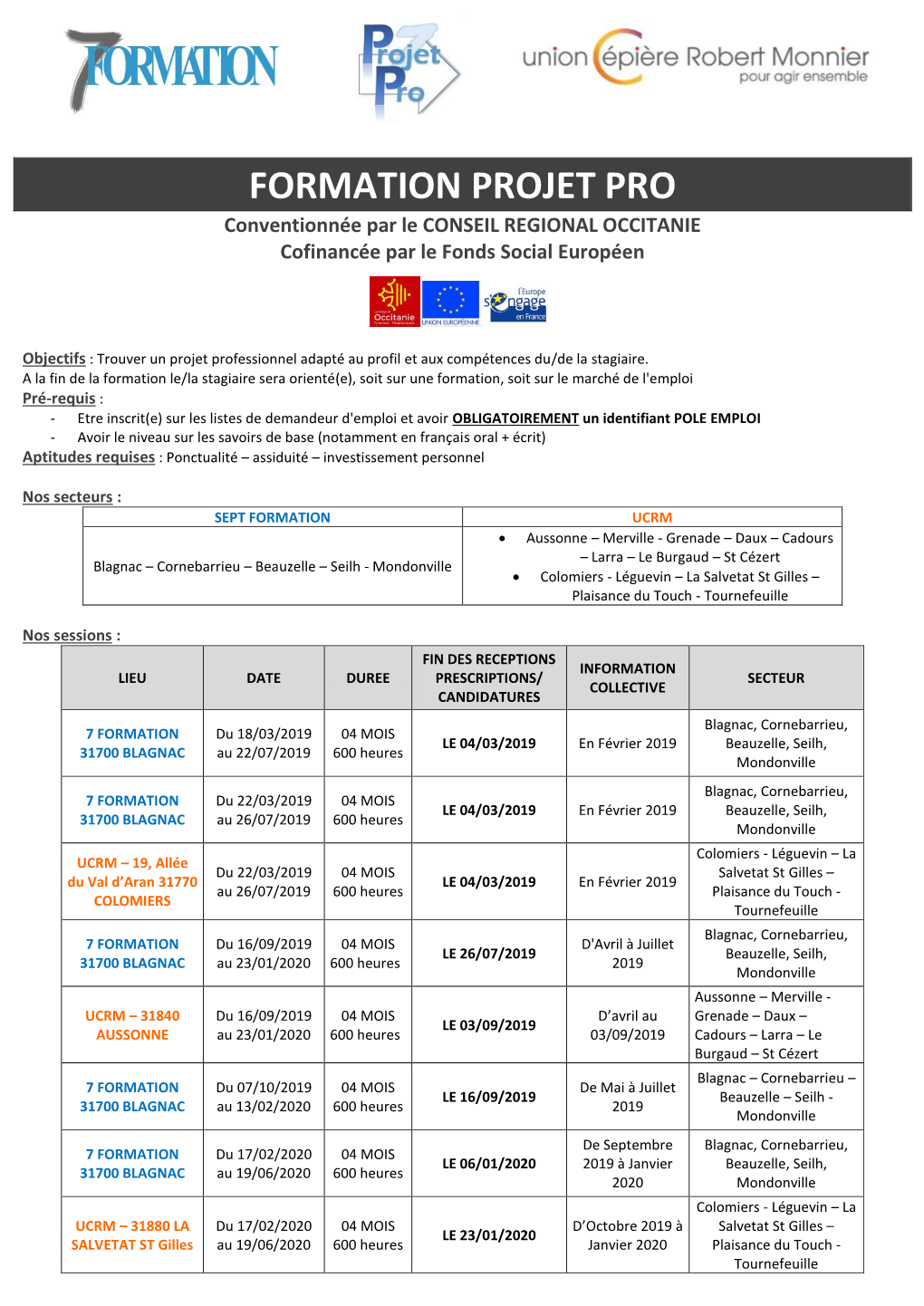 FORMATION PROJET PRO Conventionnée Par Le CONSEIL REGIONAL OCCITANIE Cofinancée Par Le Fonds Social Européen