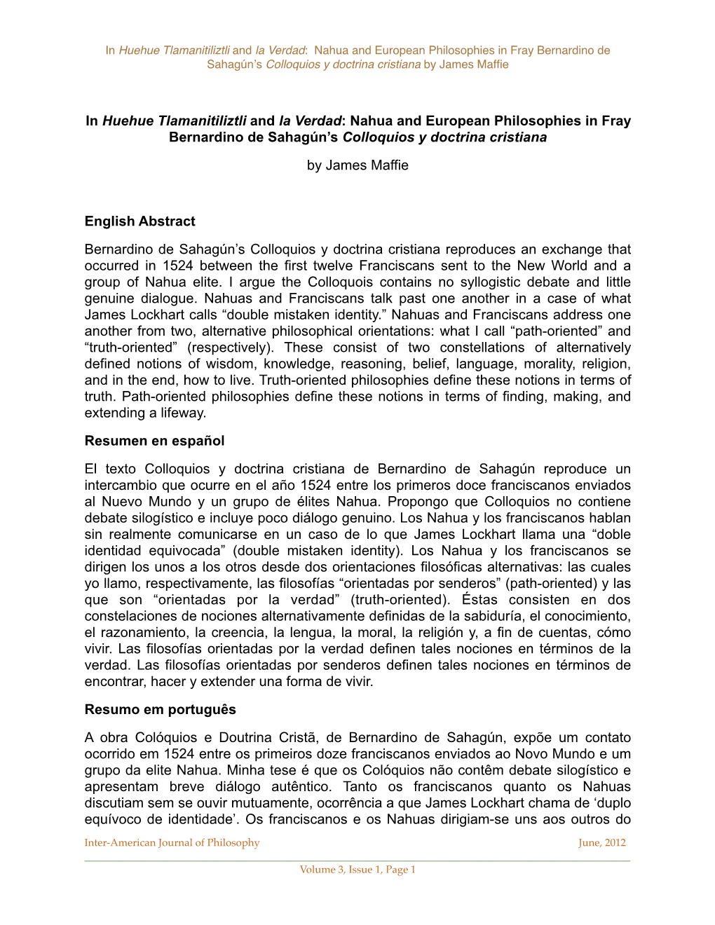 In Huehue Tlamanitiliztli and La Verdad: Nahua and European Philosophies in Fray Bernardino De Sahagúnʼs Colloquios Y Doctrina Cristiana by James Mafﬁe