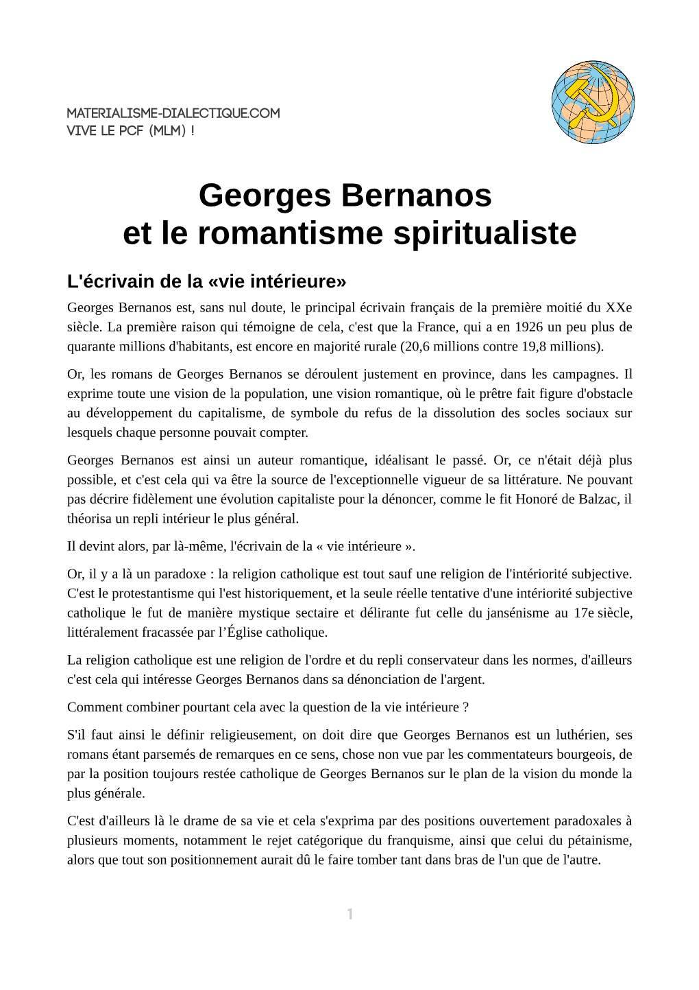 Georges Bernanos Et Le Romantisme Spiritualiste