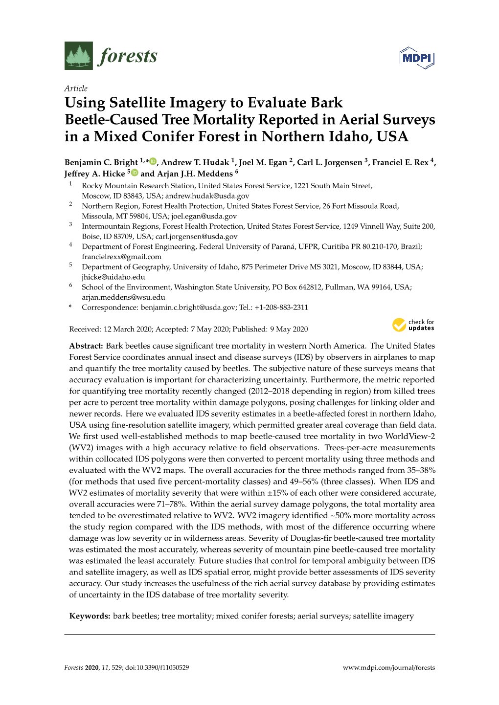 Using Satellite Imagery to Evaluate Bark Beetle-Caused Tree Mortality Reported in Aerial Surveys in a Mixed Conifer Forest in Northern Idaho, USA