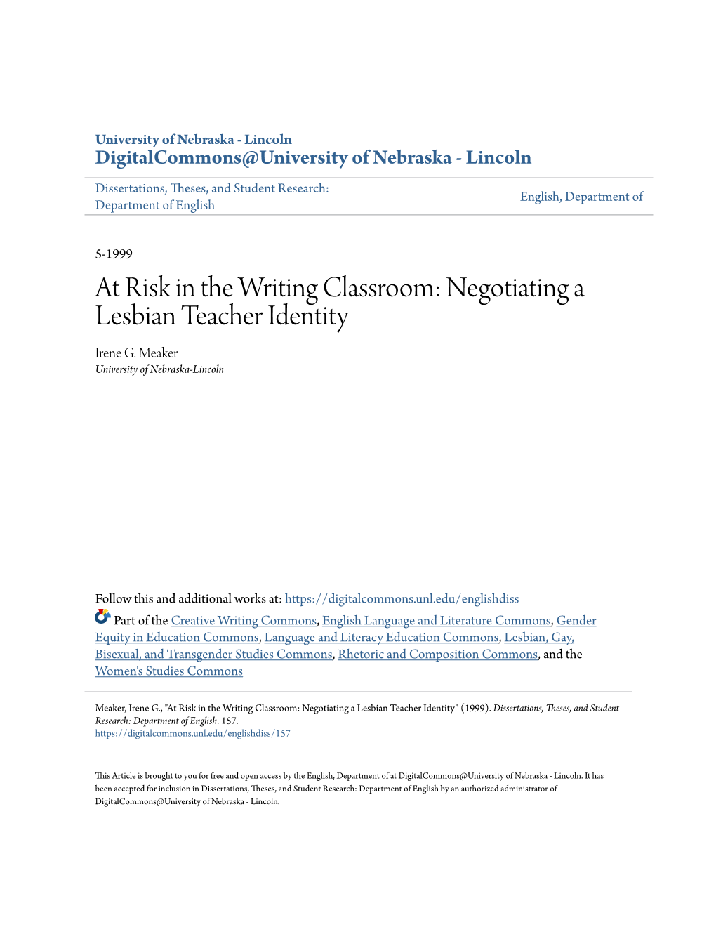 At Risk in the Writing Classroom: Negotiating a Lesbian Teacher Identity Irene G