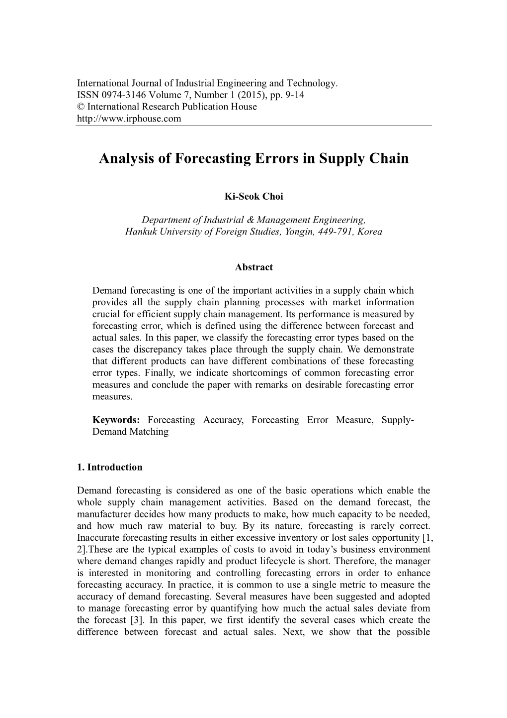 Analysis of Forecasting Errors in Supply Chain