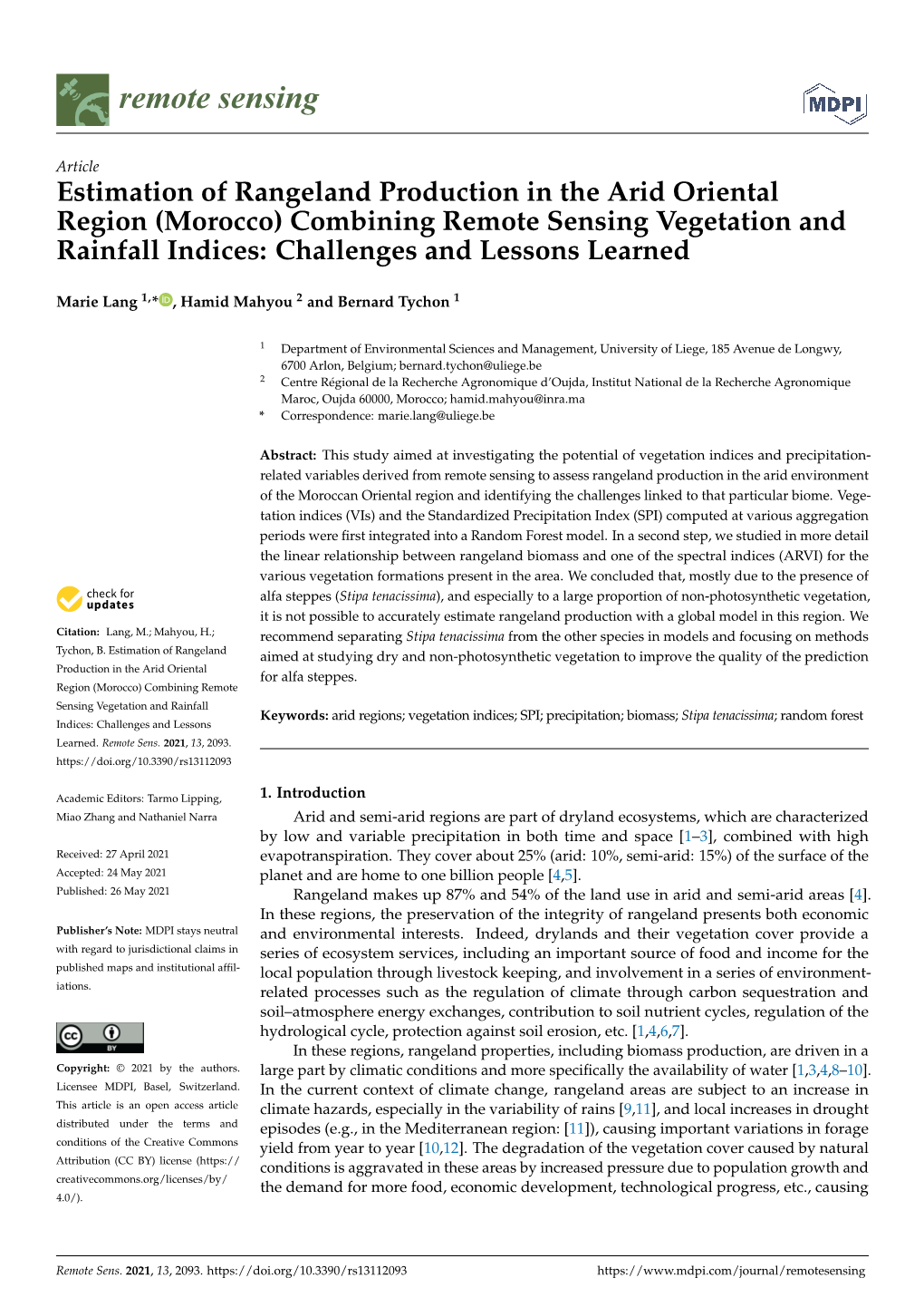 Estimation of Rangeland Production in the Arid Oriental Region (Morocco) Combining Remote Sensing Vegetation and Rainfall Indices: Challenges and Lessons Learned