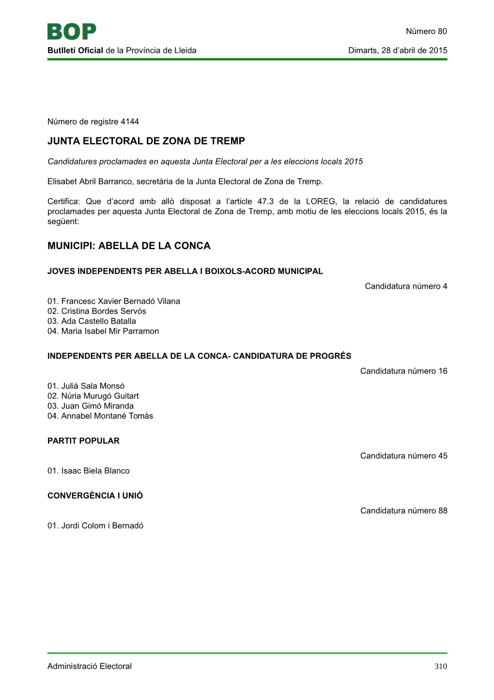 Junta Electoral De Zona De Tremp Municipi: Abella De La Conca