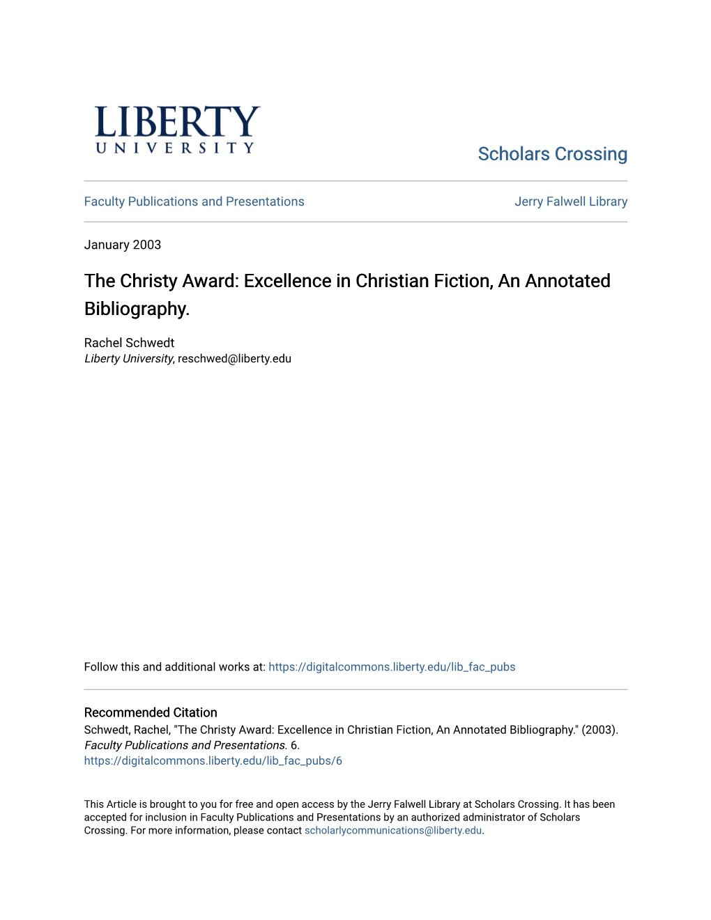 The Christy Award: Excellence in Christian Fiction, an Annotated Bibliography