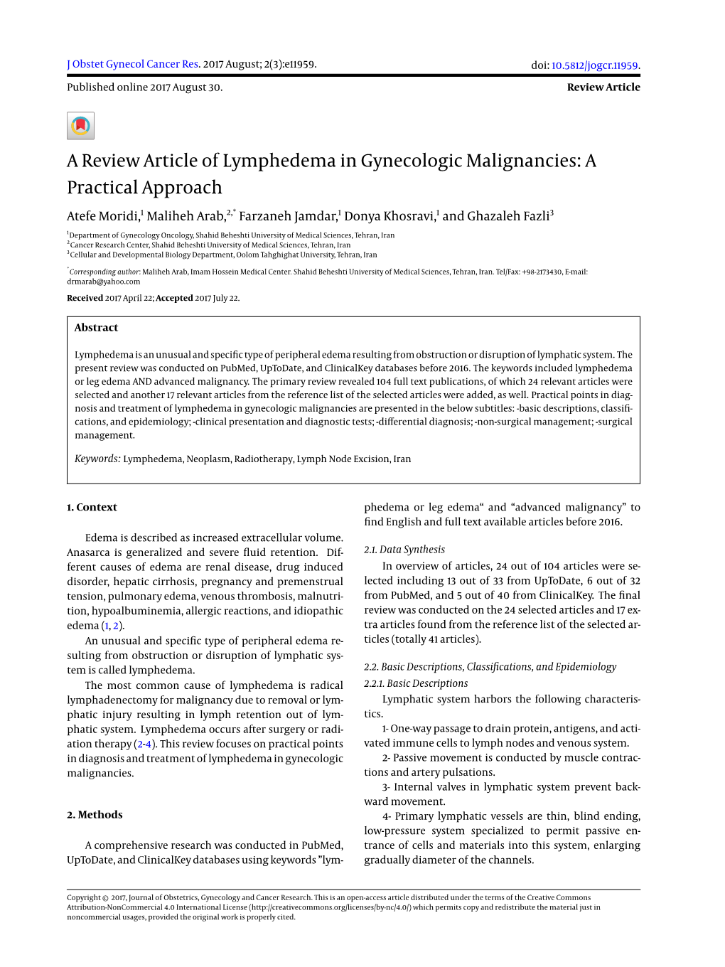 A Review Article of Lymphedema in Gynecologic Malignancies: A