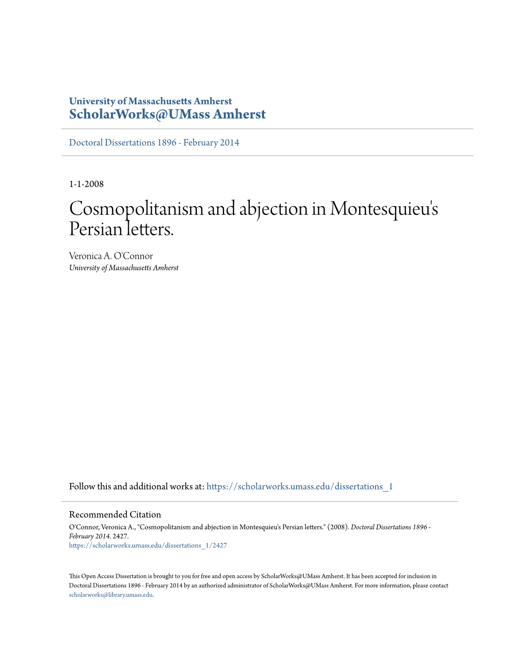 Cosmopolitanism and Abjection in Montesquieu's Persian Letters. Veronica A