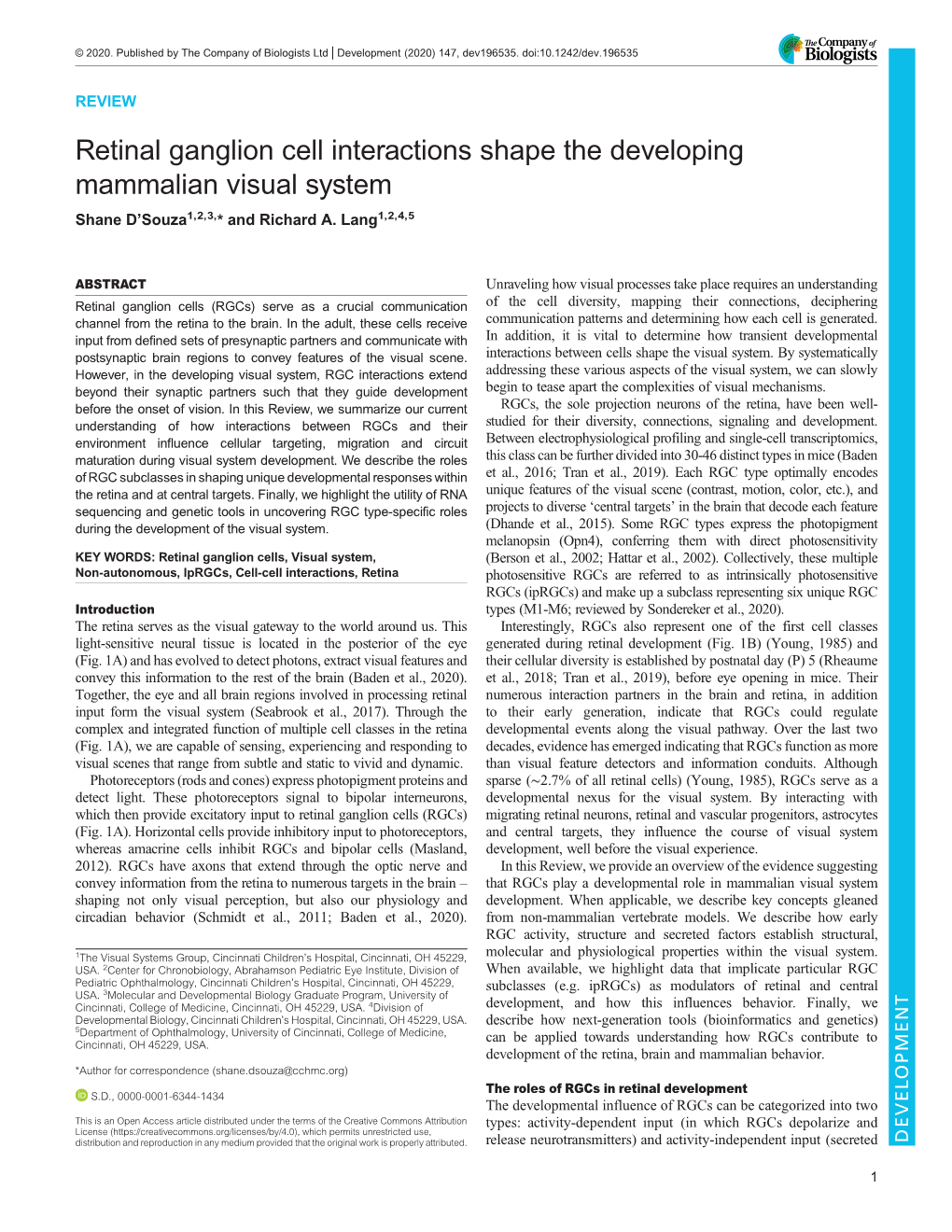 Retinal Ganglion Cell Interactions Shape the Developing Mammalian Visual System Shane D’Souza1,2,3,* and Richard A