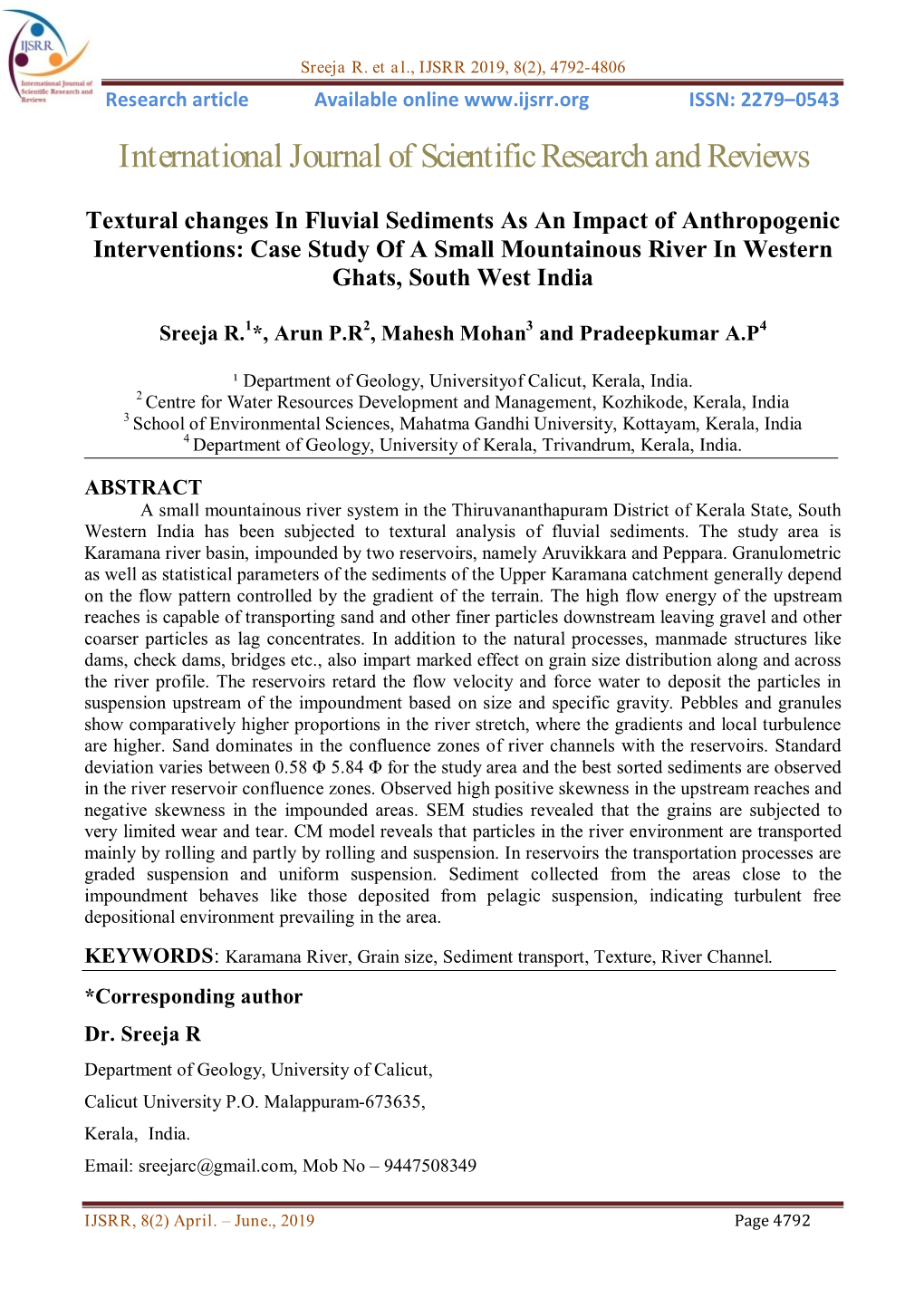 Case Study of a Small Mountainous River in Western Ghats, South West India