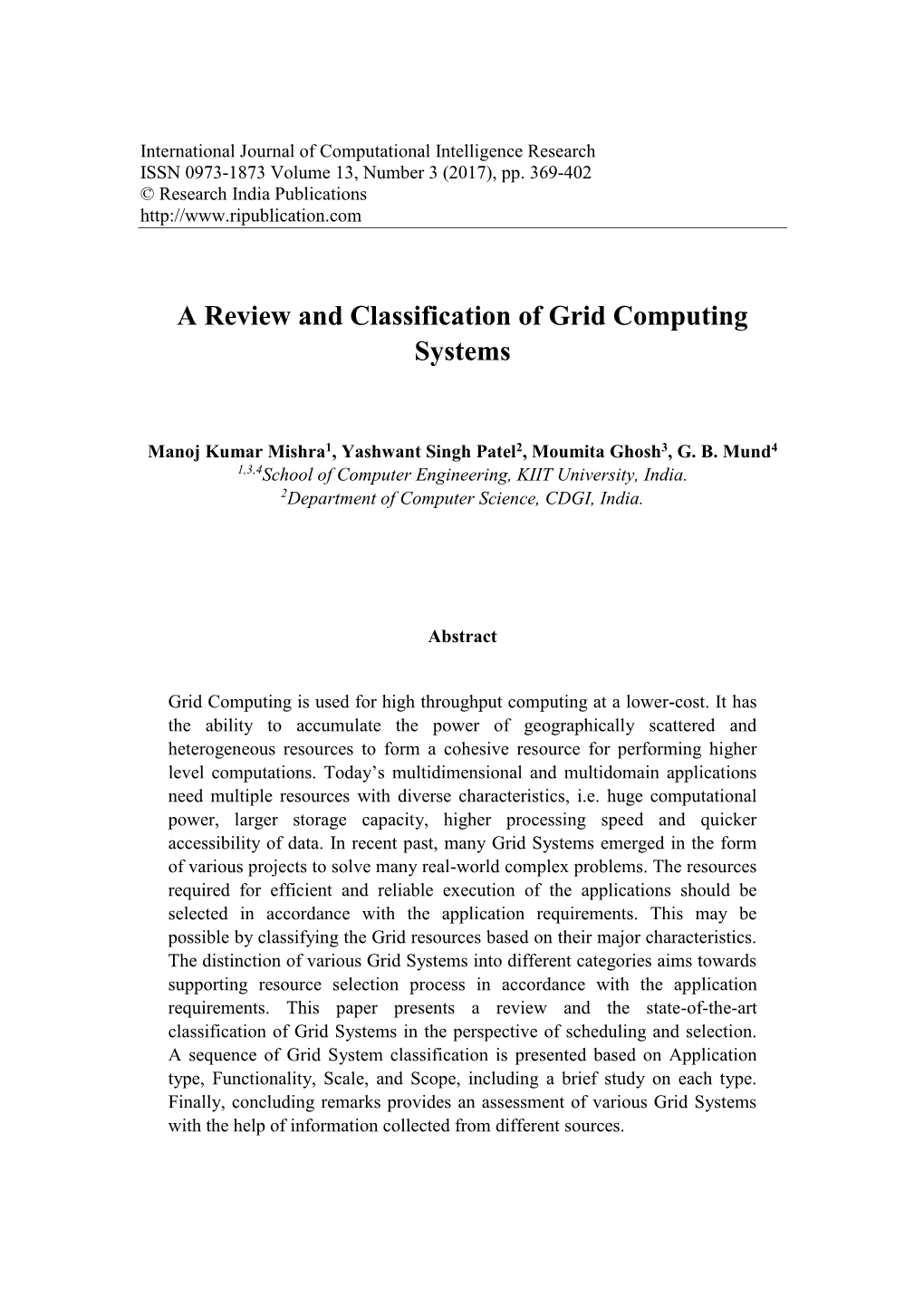 A Review and Classification of Grid Computing Systems