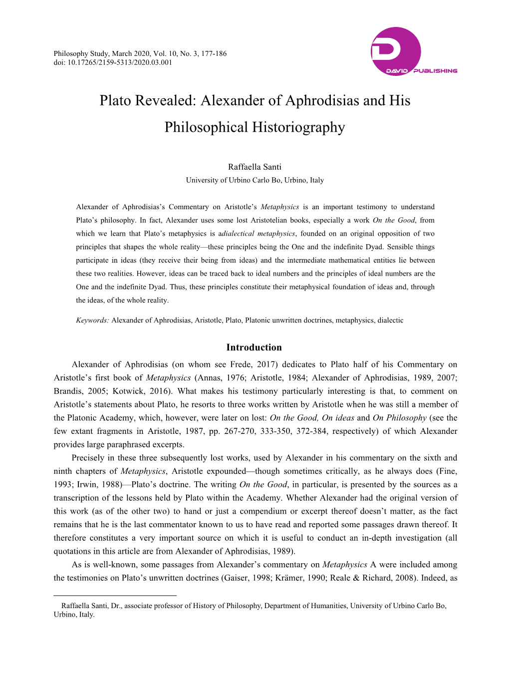 Plato Revealed: Alexander of Aphrodisias and His Philosophical Historiography