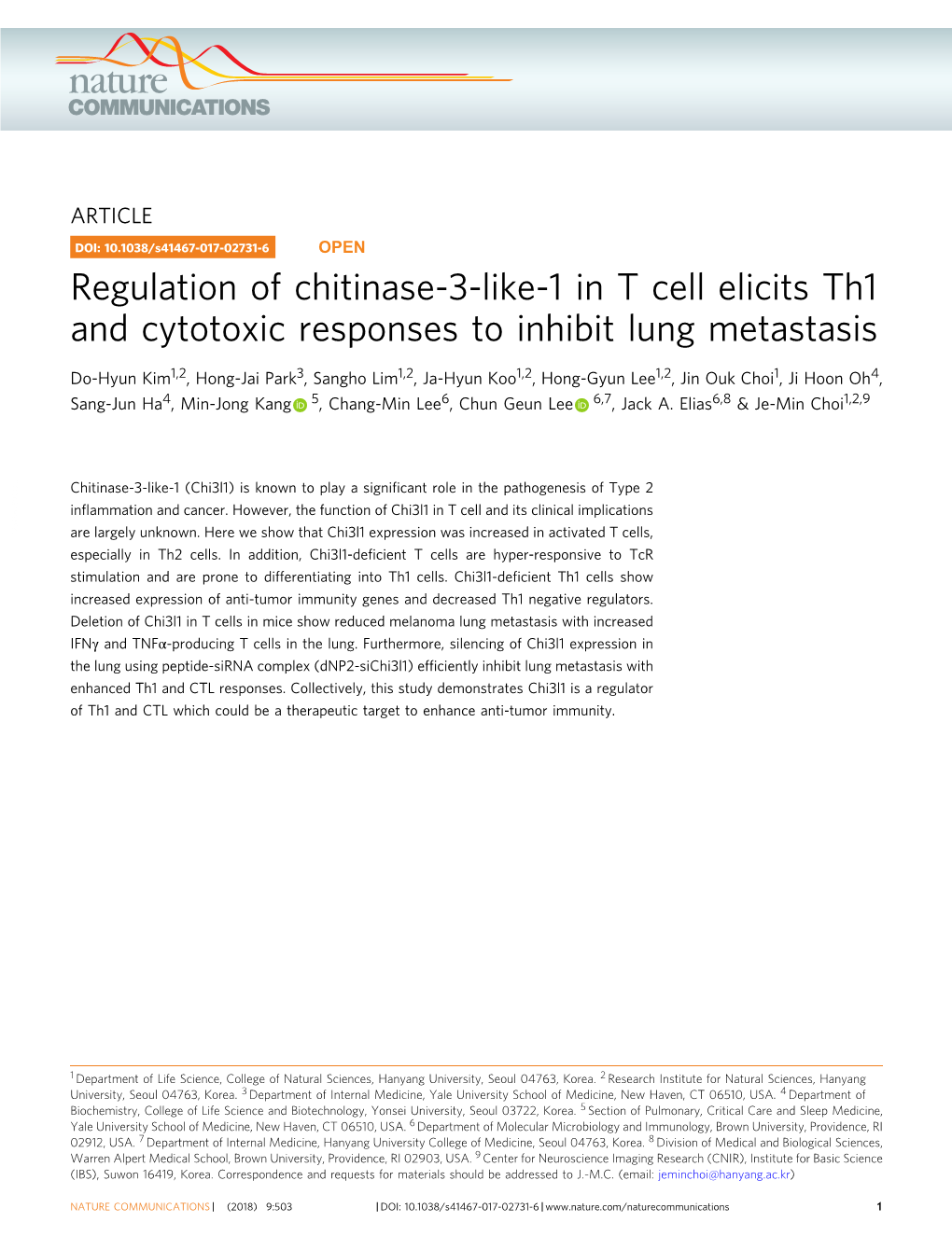 Regulation of Chitinase-3-Like-1 in T Cell Elicits Th1 and Cytotoxic Responses to Inhibit Lung Metastasis
