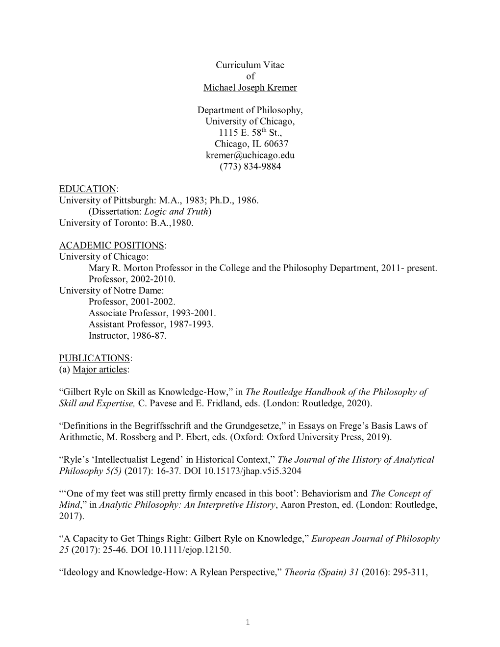 Curriculum Vitae of Michael Joseph Kremer