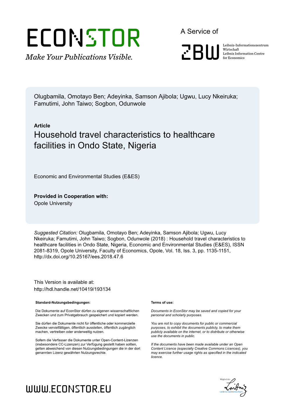 Household Travel Characteristics to Healthcare Facilities in Ondo State, Nigeria