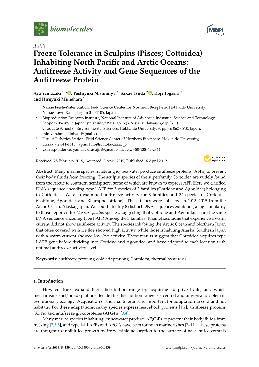 Antifreeze Activity and Gene Sequences of the Antifreeze Protein