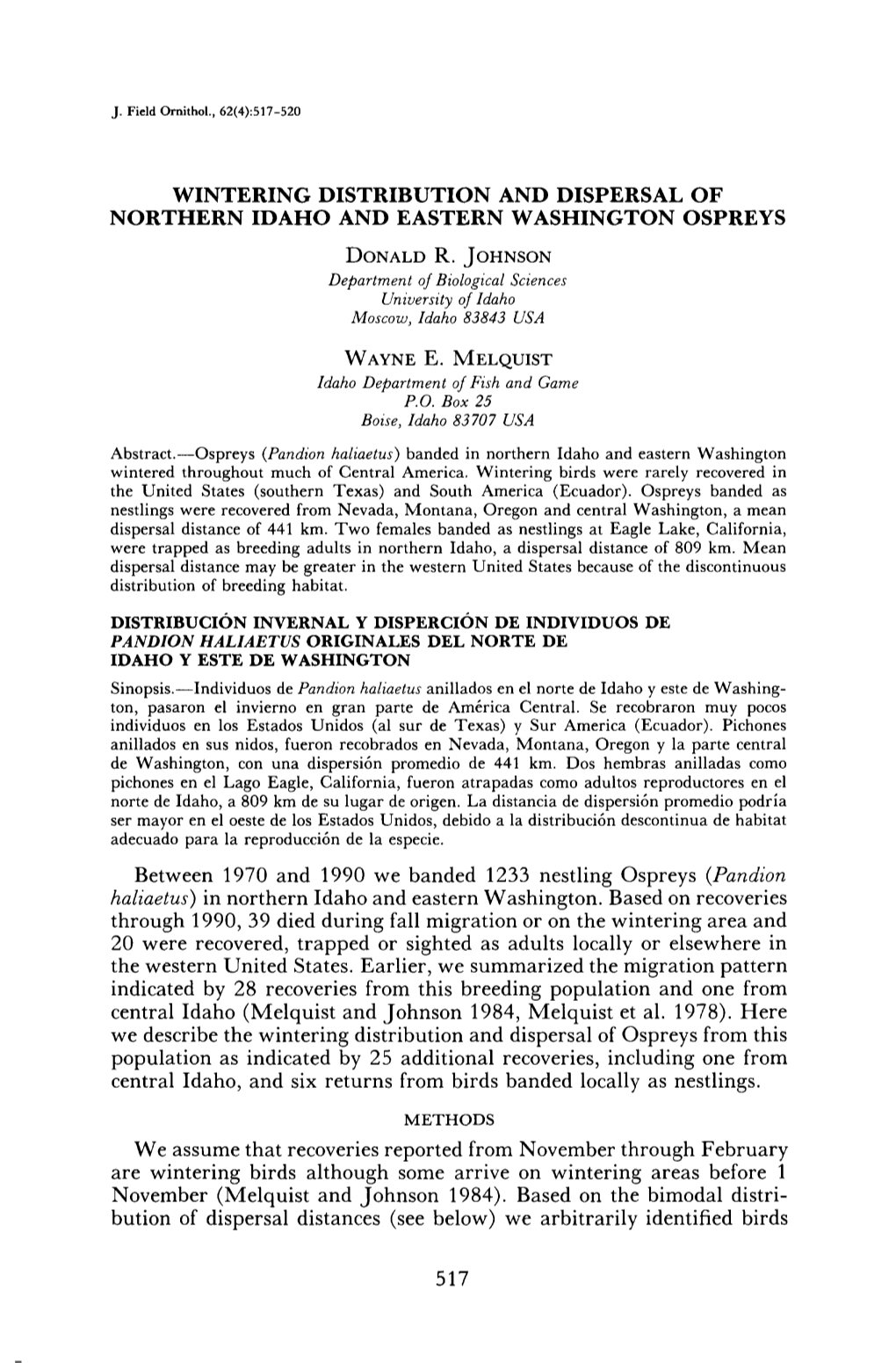 Wintering Distribution and Dispersal of Northern Idaho and Eastern Washington Ospreys