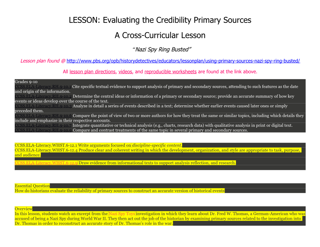 LESSON: Evaluating the Credibility Primary Sources