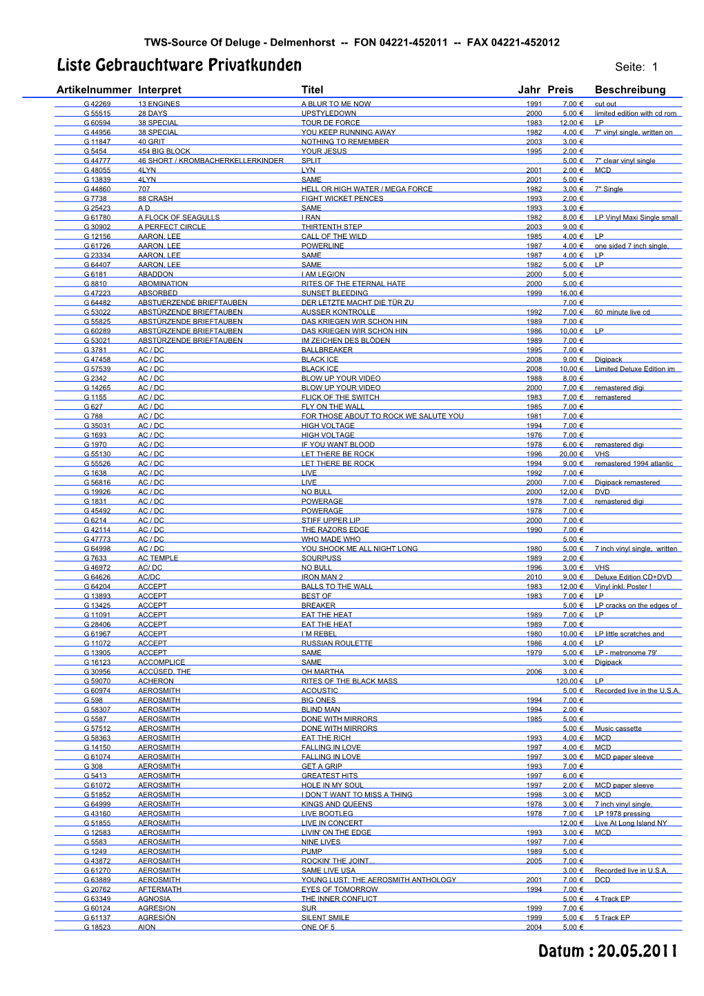 Liste Gebrauchtware Privatkunden Datum