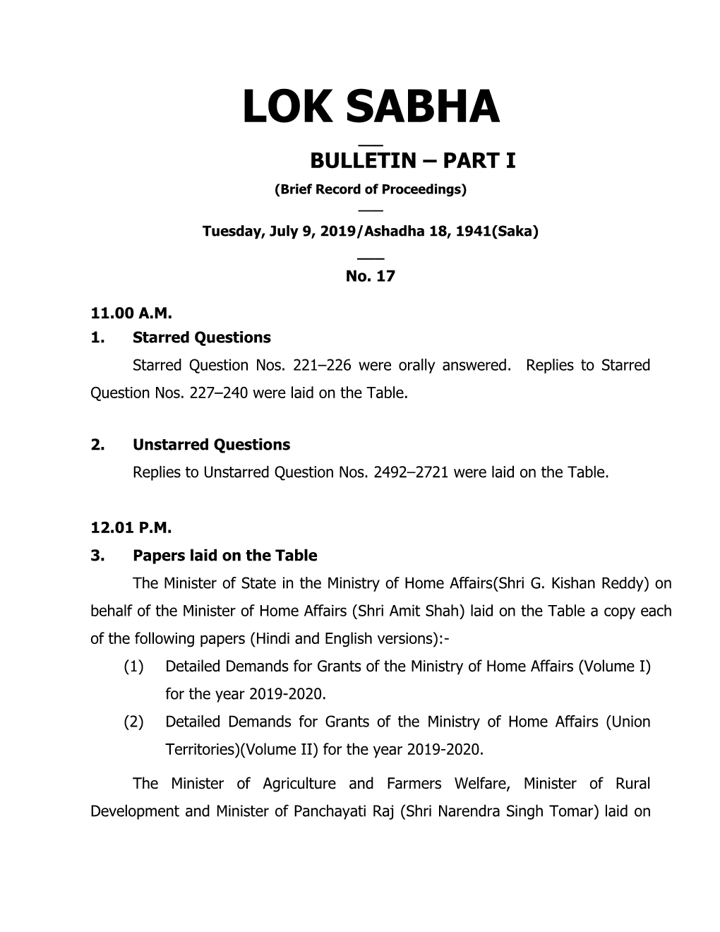 Lok Sabha ___ Bulletin – Part I