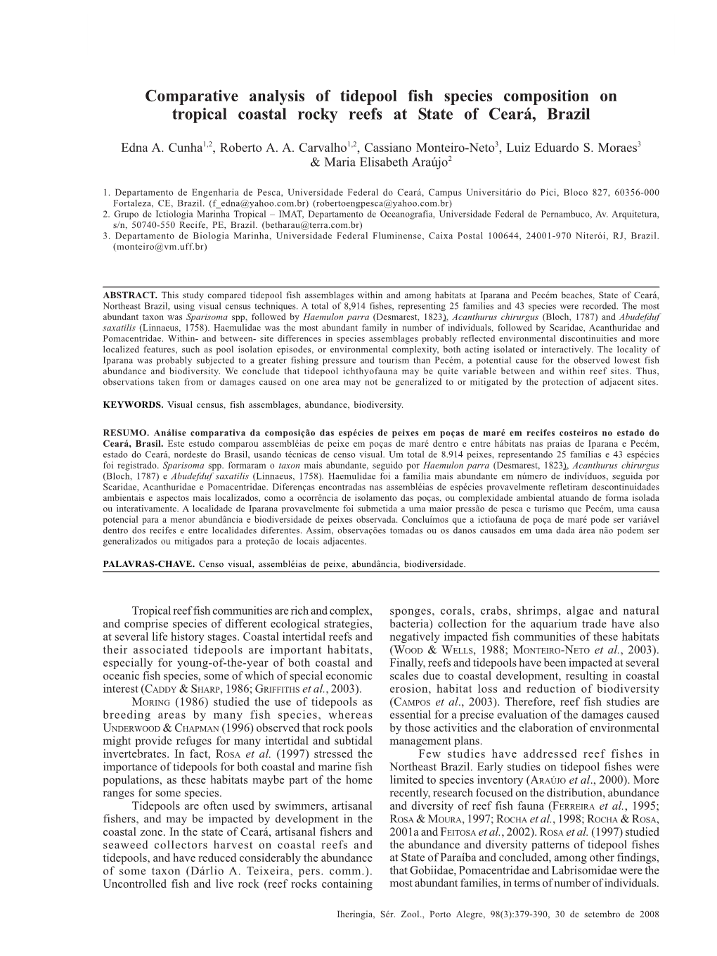 Comparative Analysis of Tidepool Fish Species Composition on Tropical Coastal Rocky Reefs at State of Ceará, Brazil