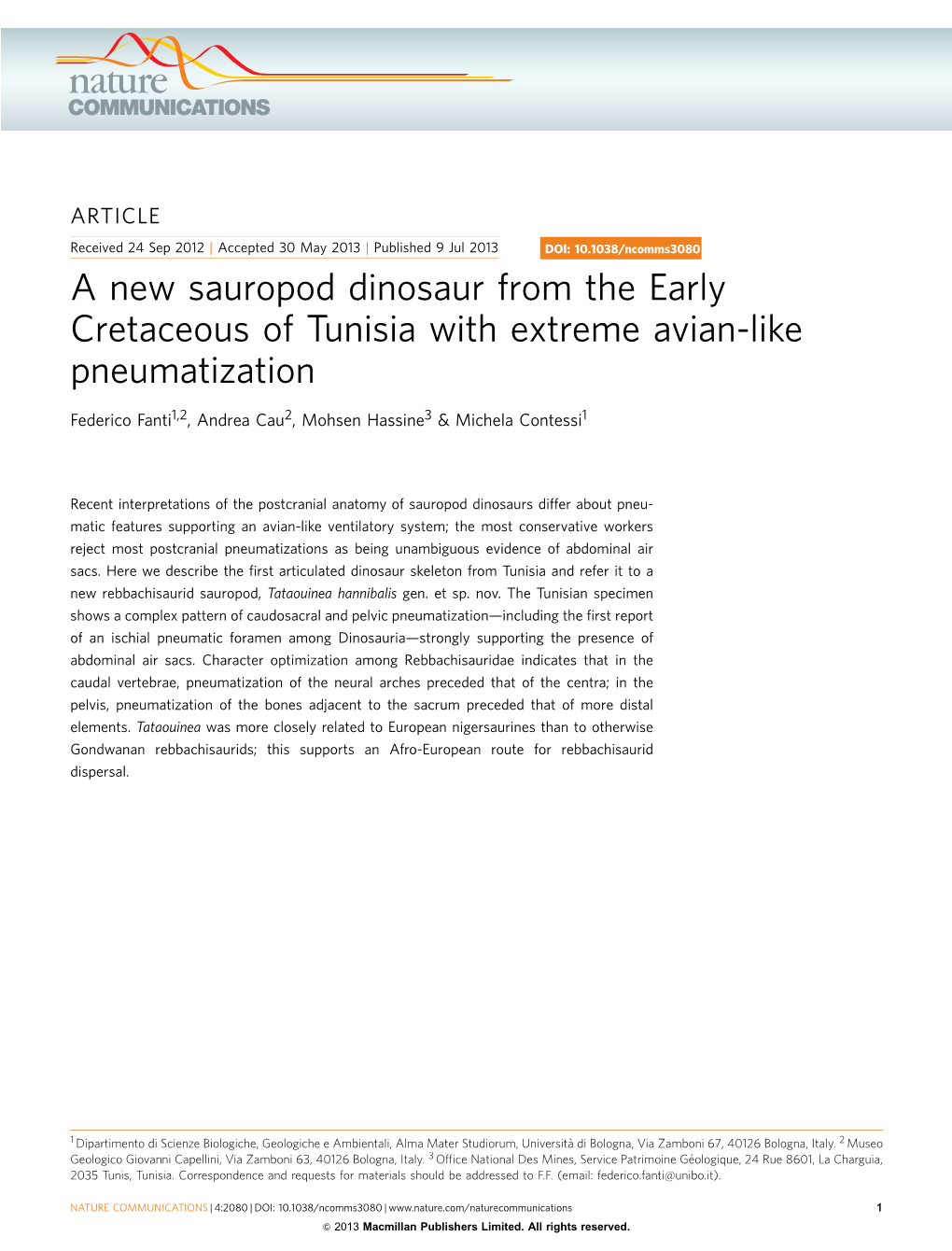 A New Sauropod Dinosaur from the Early Cretaceous of Tunisia with Extreme Avian-Like Pneumatization