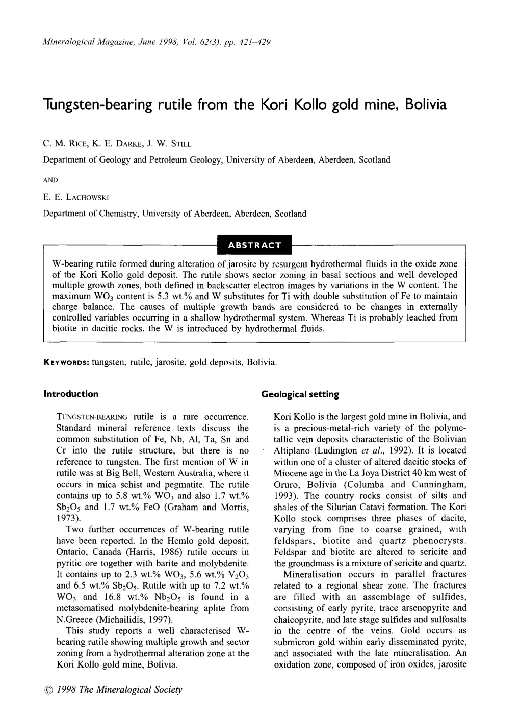 Tungsten-Bearing Rutile from the Kori Kollo Gold Mine, Bolivia