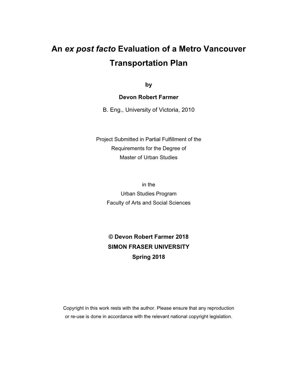 An Ex Post Facto Evaluation of a Metro Vancouver Transportation Plan