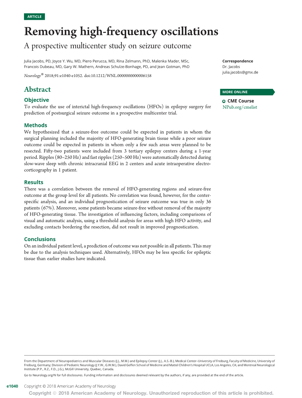 Removing High-Frequency Oscillations a Prospective Multicenter Study on Seizure Outcome