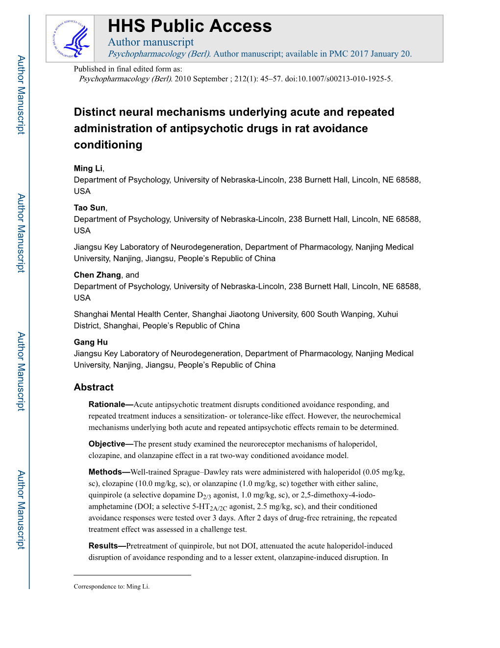 Distinct Neural Mechanisms Underlying Acute and Repeated Administration of Antipsychotic Drugs in Rat Avoidance Conditioning